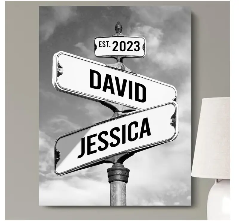 Personalized Vintage Street Sign Canvas for Couples Custom Name Date Crossroad Wall Art Wedding Anniversary Valentine’s Day Christmas Custom Poster Glossy Hand Stretched Ornaments Room Decoration