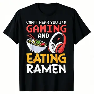 Summer T Shirts Funny Gaming And Eating Ramen Gamer Gift Unisex T-Shirt Black Design Menswear Top