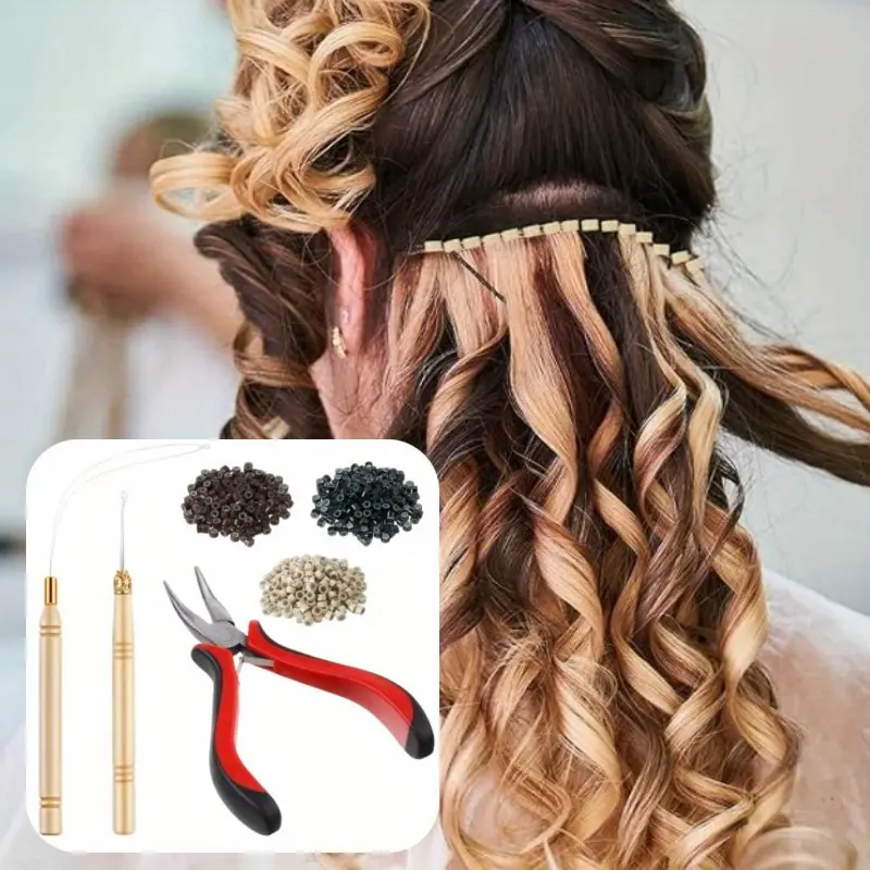 Hair Extension Kit with Lightweight Handle Hair Styling Tools - Pliers, Pulling Hook Needle, Sewing Bead Device, 600 Silicone-Lined Micro Rings (Black, Blonde, Brown) for Tinsel, Feather Extensions or Removal