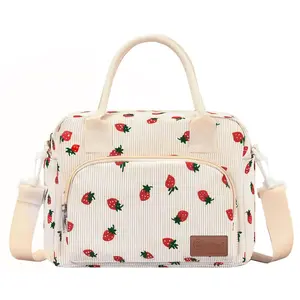Nifogo Strawberry Pattern Corduroy Lunch Bag Reusable Leakproof Insulated Cooler Tote for Office Travel Picnic