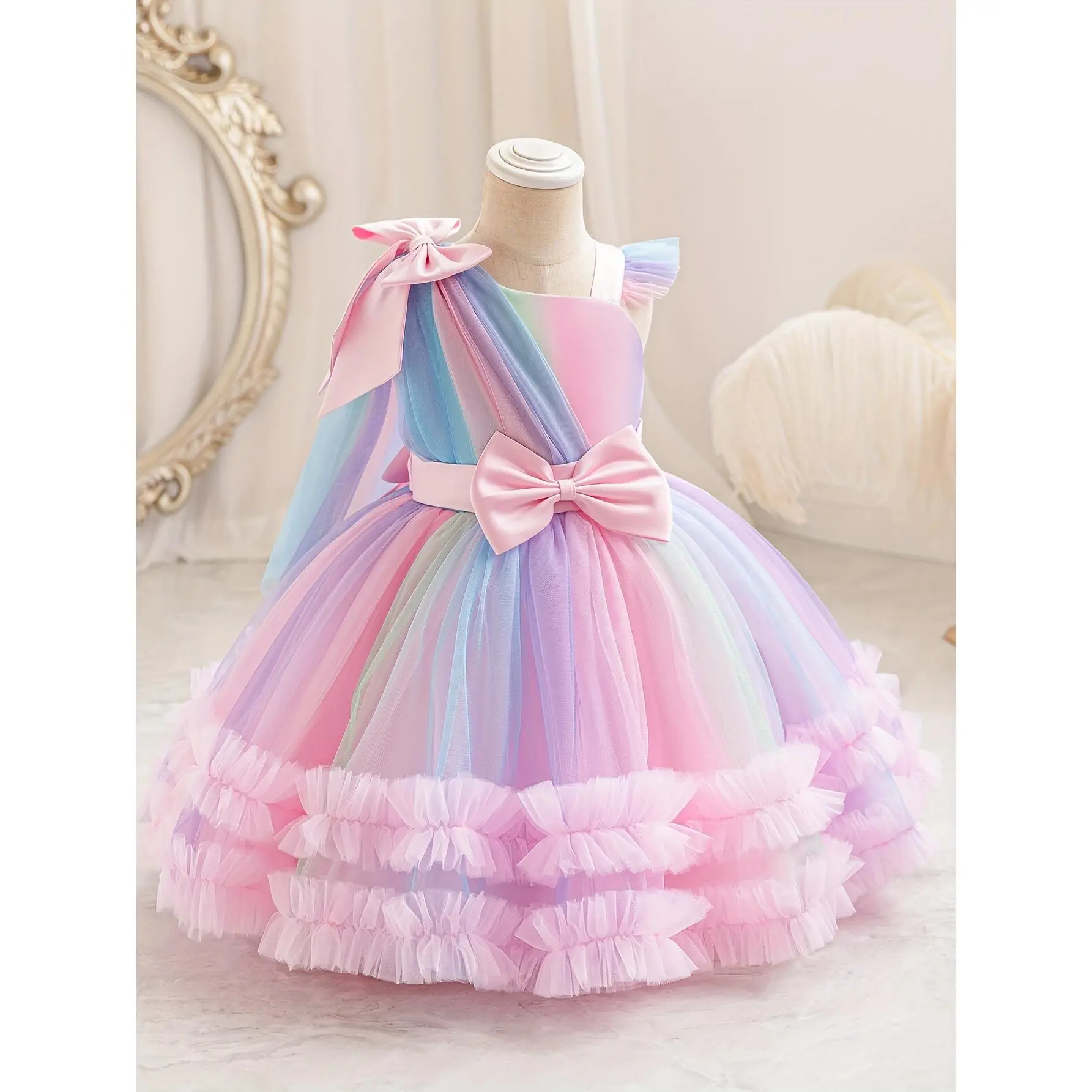 Girls Elegant Gradient Princess Dress Puff Sleeves Bow Detail Knee Length Layered Tulle Skirt Asymmetrical Neckline Dance Birthday Party Occasion Formal Dresses
