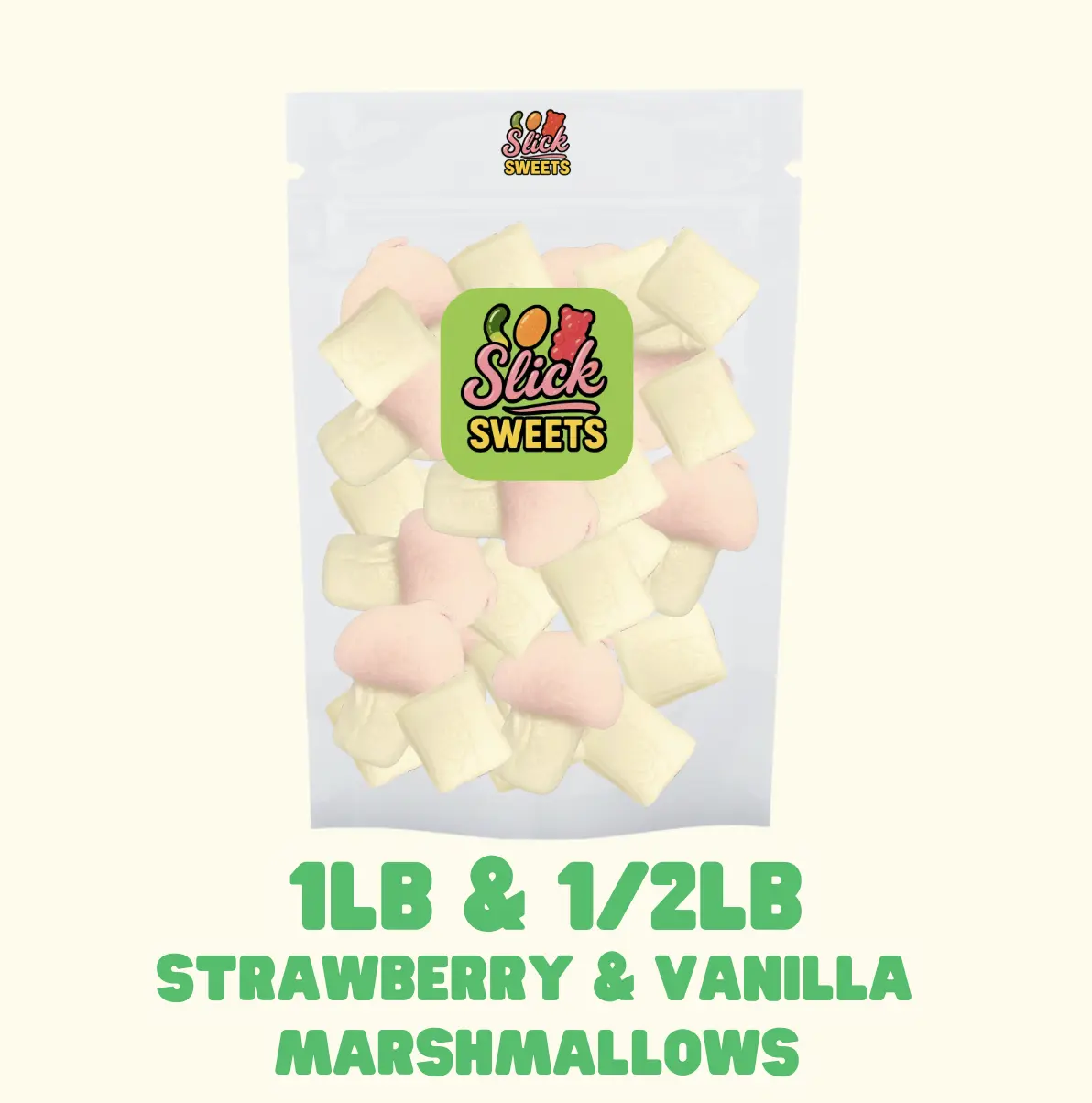 Slick Sweets Strawberry Vanilla Swedish Marshmallows 1/2lb 1lb Size Soft Chewy Fluffy Foamy Candy Snack Bonbon Sugar