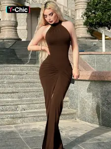 Women's Solid Ruched Halter Neck Bodycon Dress, Elegant Fashion Sleeveless Split Hem Dress for Party Club Dating Wear, Women Dress for Summer, Bodycon Side Slit