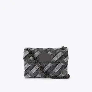 Women's Mini Soft Denim Crossbody Bag - Dark Acid Wash Black Denim, Woven Pattern, Iconic Ombre Silver Eagle Head Designer Bag