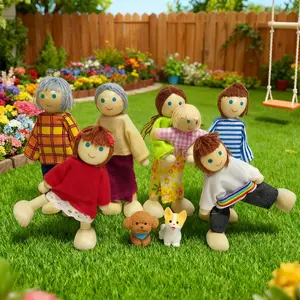 9-Piece Wooden Tactile Natural Quality Jointed Doll Set with Articulated Joints, Cute Family of 7 with Pet Dog & Cat, Cartoon Style Dolls Boy Girl Toys, Role-Playing Interactive Play Imaginative Play Storytelling Experiences Playhouse Decor, Birthday Gift