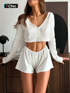 Women's Solid Color Open Front Crop Top & Shorts Loungewear Two-piece Set, Basic Casual Comfy Long Sleeve Top & Shorts PJ Set, Ladies Sleepwear for Summer, Pajama