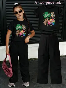 Saint Patrick's Day Girls Short Sleeve Workwear Pants Set, 8-12 Years, Shamrock Print, Breathable Fabric, Casual Two-Piece Summer, Summer Clothing Set