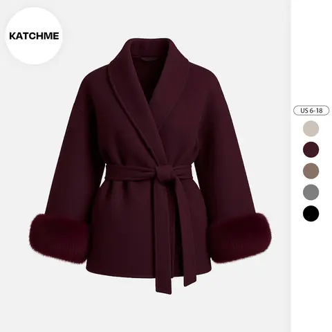 Katch Me Chic (US) Women's Elegant Solid Color Waist Tie Fuzzy Cuff Wrap Coat, Premium Plush Long Sleeve Thermal Coat, Outerwear Jacket for Fall & Winter