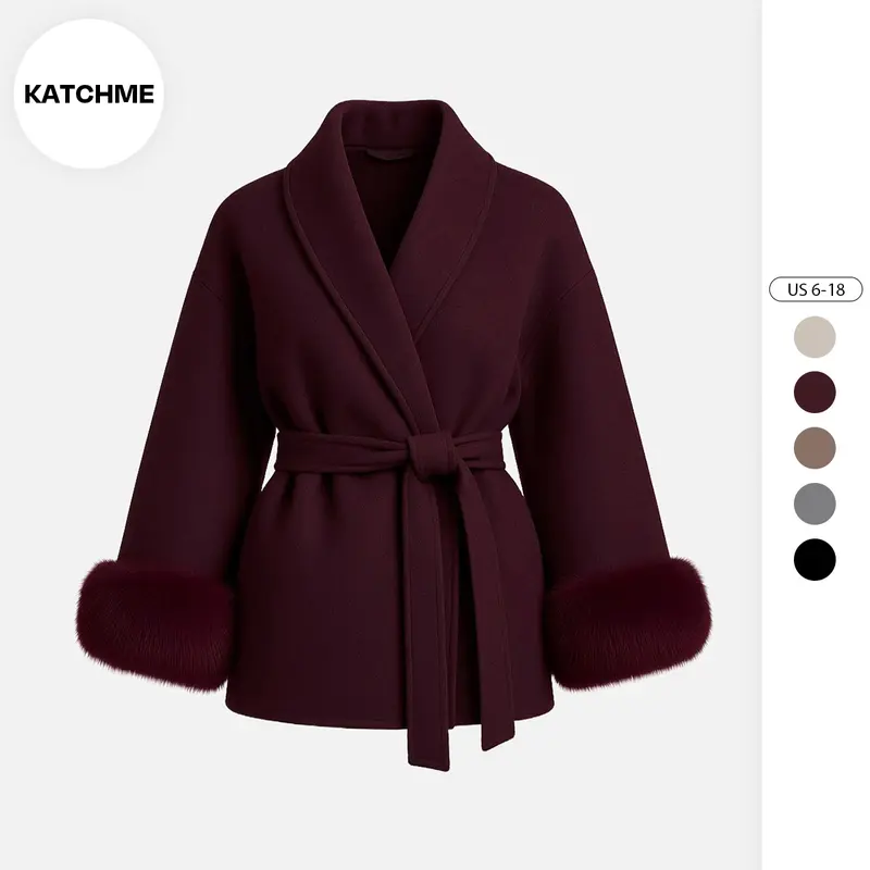 Katch Me Chic (US) Women's Elegant Solid Color Waist Tie Fuzzy Cuff Wrap Coat, Premium Plush Long Sleeve Thermal Coat, Outerwear Jacket for Fall & Winter