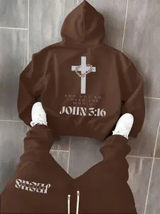 Men's stylish hoodie and pants set, featuring a trendy American street style with letter and cross prints, fashionable and casual, made with slight stretch and delicate pockets.Men's Clothing Men's Apparel