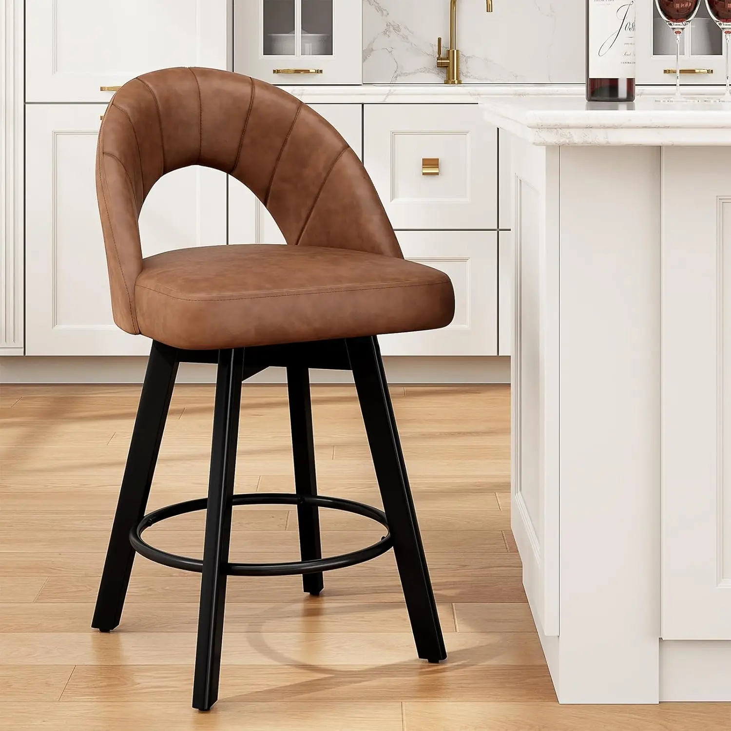 Aowos Bar Stools, 24'' Swivel Counter Height PU Leather Upholstered Barstool with Hollow Curved Curved Backrest, Solid Wood Legs, Sturdy Metal Footrest, Counter Height Chairs for Kitchen Island, Dining Room, Cafe, Brown