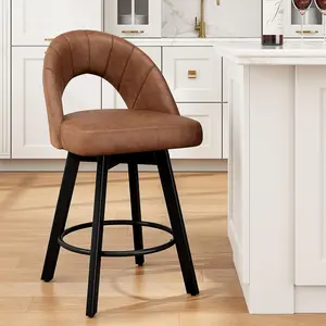 Aowos Bar Stools, 24'' Swivel Counter Height PU Leather Upholstered Barstool with Hollow Curved Curved Backrest, Solid Wood Legs, Sturdy Metal Footrest, Counter Height Chairs for Kitchen Island, Dining Room, Cafe, Brown