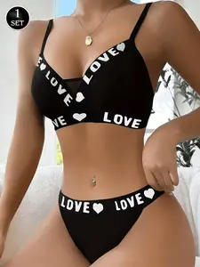 1 SET Comfy  Lingerie Set Wireless Letter Print Bra  Briefs Soft Nightwear
