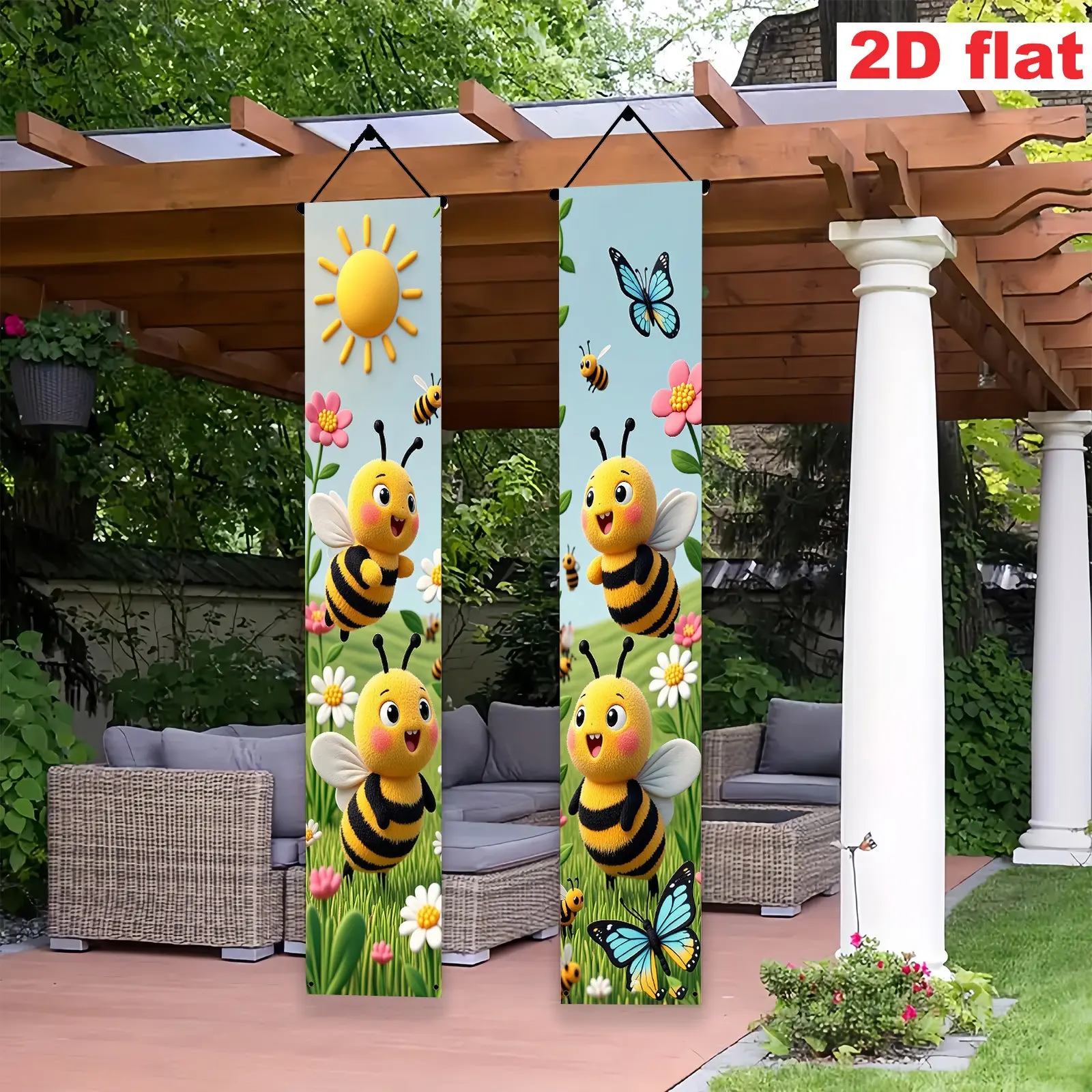 2D flat 2pc cartoon bee couplet door curtain, soft and cute bees with sun, flowers and butterfly elements, fresh style, suitable for spring courtyard decoration, birthday parties, outdoor garden porch hanging cloth layout, polyester Outdoor banners