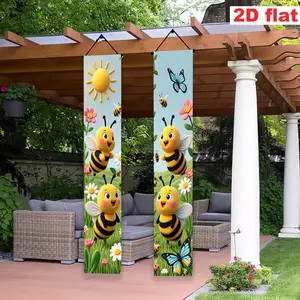 2D flat 2pc cartoon bee couplet door curtain, soft and cute bees with sun, flowers and butterfly elements, fresh and childlike style, suitable for spring courtyard decoration, birthday parties, outdoor garden porch hanging cloth layout, polyester banner