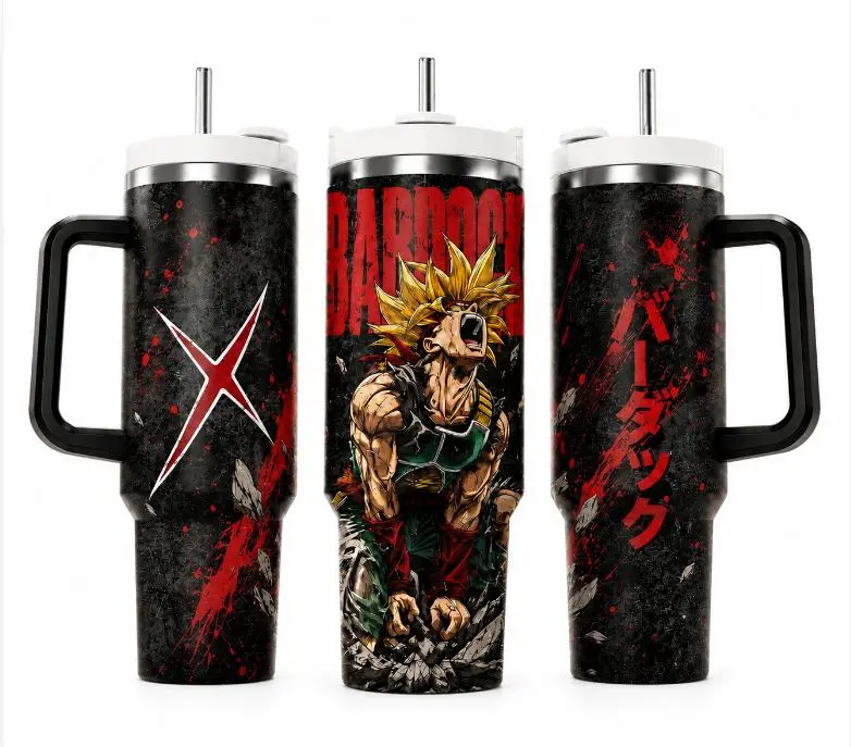 Saiyan Warrior Inspired 40oz Tumbler with Handle & Straw, Anime Style Insulated Stainless Steel Travel Mug, Double Wall Vacuum Cup Gift