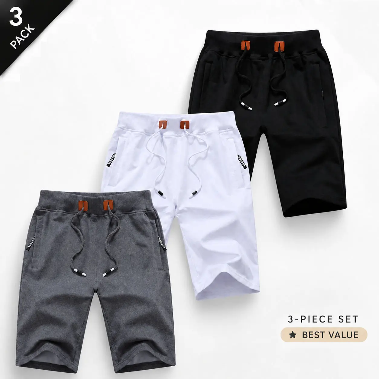 YUYANGDPB Men's 721 3-Pack Drawstring Shorts with Zipper Pockets, Elastic Waist Casual Lounge Shorts for Summer, Gym, Streetwear