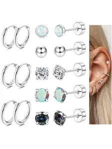 Viral 8Pairs Titanium Steel Earrings Set 20G Stud Hoop Earrings for Women Men Small Ball Opal CZ Flatback Earrings Tragus Cartilage Helix Earrings Hypoallergenic Nap Sleeper Huggie Hoop Earrings