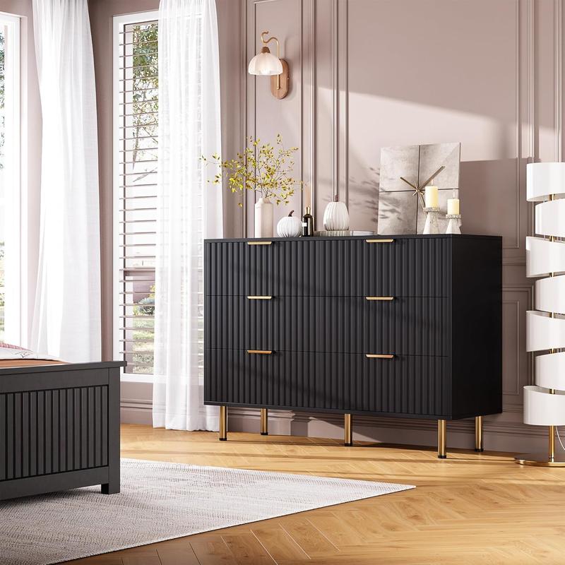 Fluted 6 Drawer Dresser for Bedroom,47.2 in Wide Modern Chest of Drawers with Deep Drawers,Large Double Dresser TV Stand,Wooden Organizer for Living Room,Hallway,Kids Room,Black