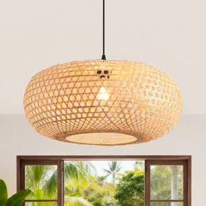 22" Vincent Bohemian Handwoven Bamboo Island Pendant Light, Natural Woven Bamboo Farmhouse Hanging Ceiling Lamp for Kitchen Dining Room