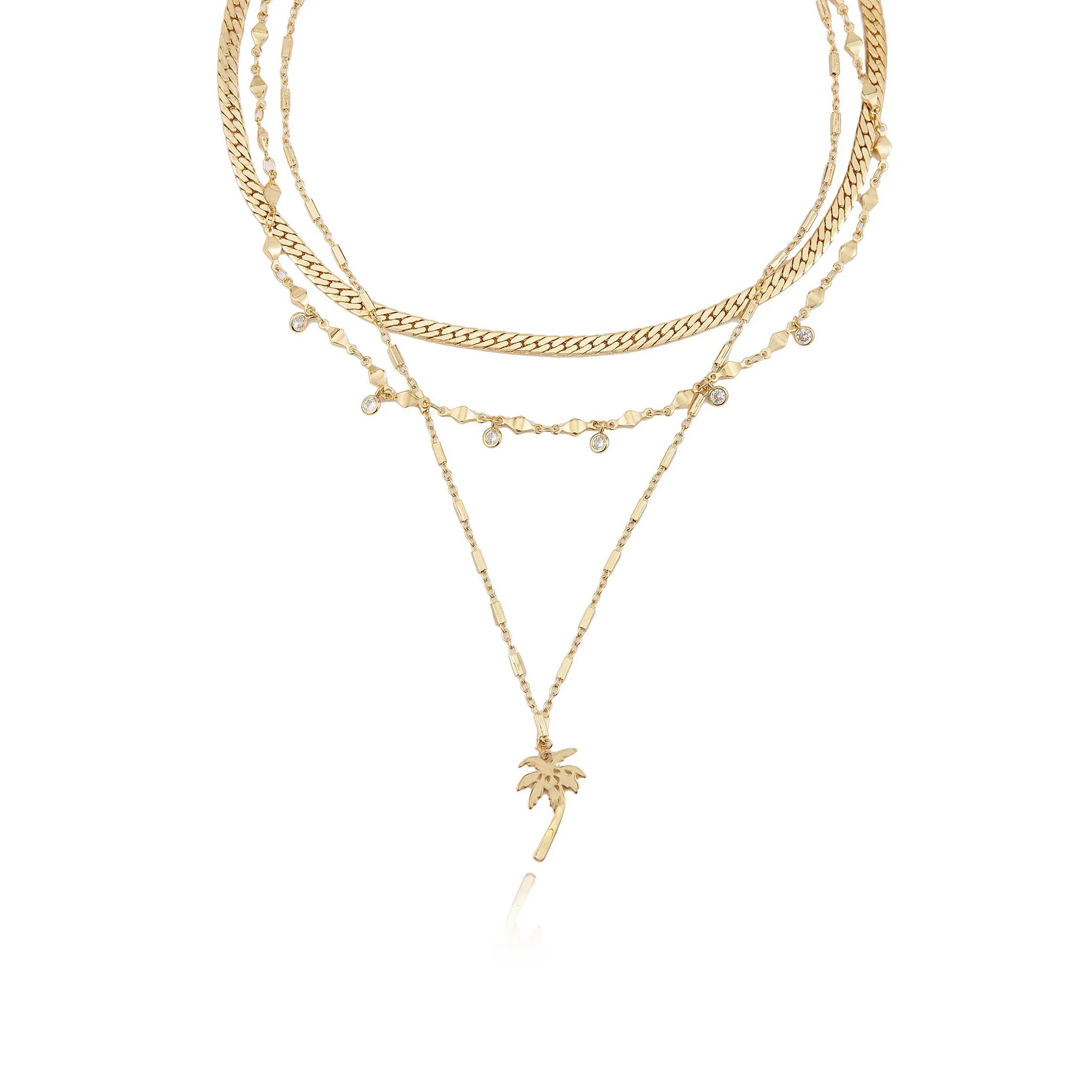 West Palm Layered Necklace – 18K Gold Plated Multi-Strand Palm Pendant Necklace with CZ Accents, Vacation Statement Jewelry for Women