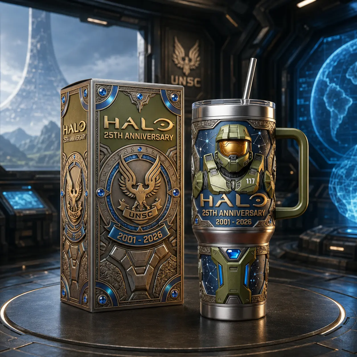[Collection] Halo 25th Anniversary 40oz Stainless Steel Insulated Tumbler with Handle & Straw, Legendary Sci-Fi Gaming Collector Cup, Spartan Hero 2001–2026 Celebration Fan Gift, Leakproof Travel Mug for Gamers and Halo Fans.