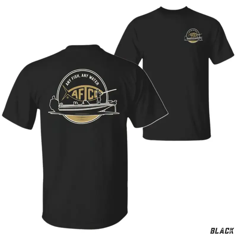 AFCO Any Fish Any Water Shirt, Minimalist Fishing Boat Graphic Tee, Soft Cotton Performance Shirt, Versatile Outdoor Apparel for Men & Women, Great Gift for Anglers and Lake Life Lovers