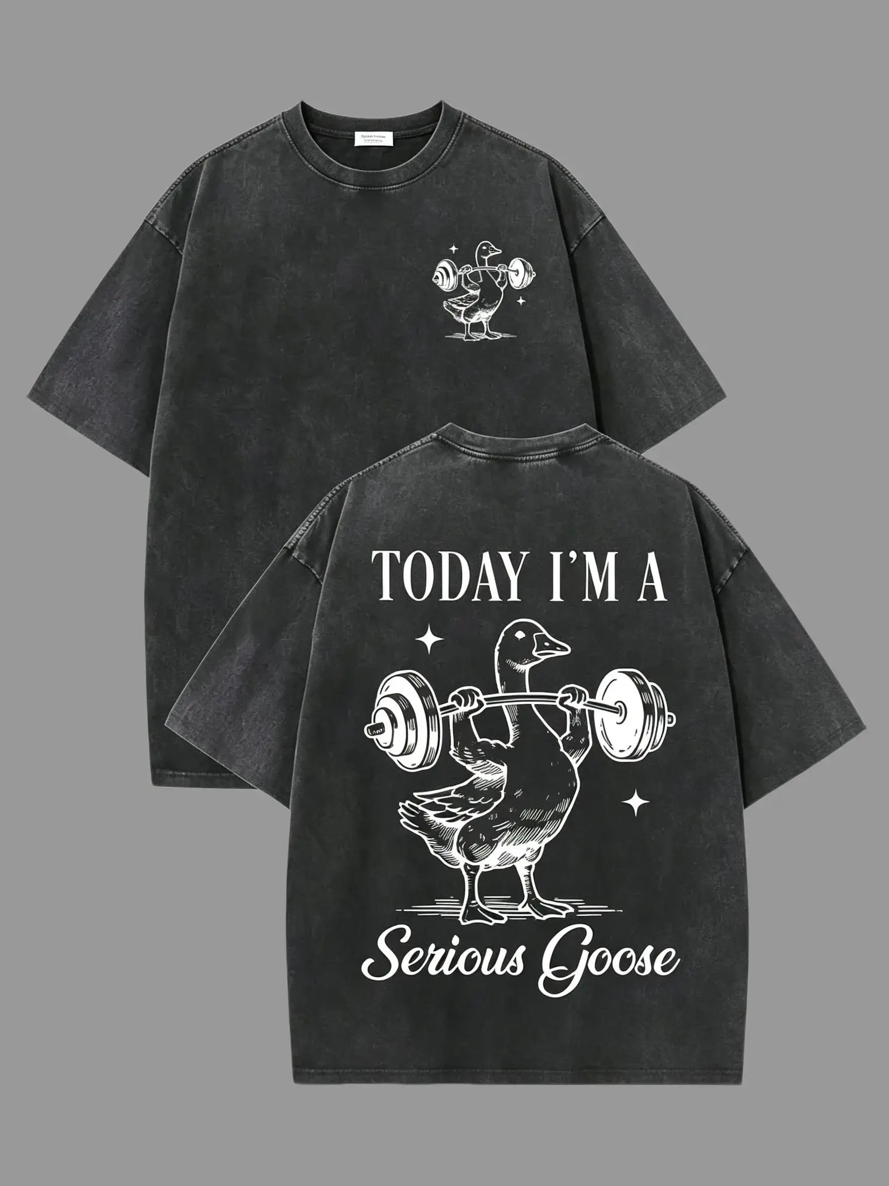 Men's "Serious Goose" Graphic T-Shirt, Oversized Baggy Vintage Washed Heavyweight Cotton for Gym Workouts, Shortsleeve, Loose, Round Neck, Men's T Shirts, Cold Wash