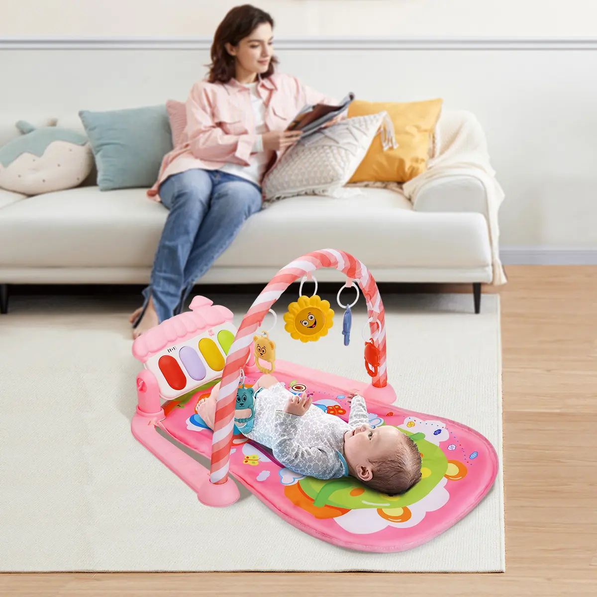 Baby Play Mat, Caveen Activity Gym Play Mat Center with Musical Play Piano and Hanging Rattles Toys, for Infants 0-12 Months, Pink,  Gift