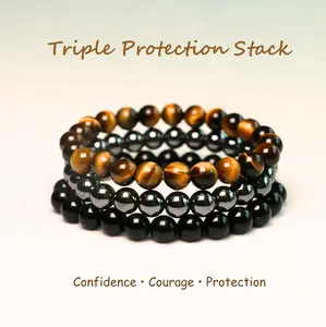 Triple Protection Crystal Bracelet Stack 8MM Black Obsidian Hematite Tiger's Eye Unisex Healing Gift Set for Confidence Courage Daily Life BalanceHealing Properties Energy Shield Stylish Accessory
