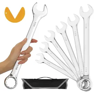 SAE Wrench Set, Large Wrench Set, 7- 15/16", 1", 1-1/16", 1-1/8", /16", 1-1/4" Long Big Open End Wrench Tools Set Roll Up Pouch Organizer with Gauge, 12 Point Combination Wrenches Sets