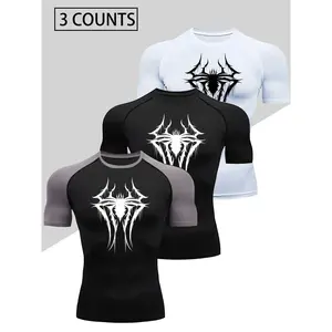Men'S Fitted Short Sleeve Elite Sports Compression Shirt Gym Workout Tee Athletic Compression Shirts - Spider print design, High Elasticity, Breathable Polyester And Spandex Blend, Round Neck, Opaque - Ideal for Muscle Group, Machine Washable