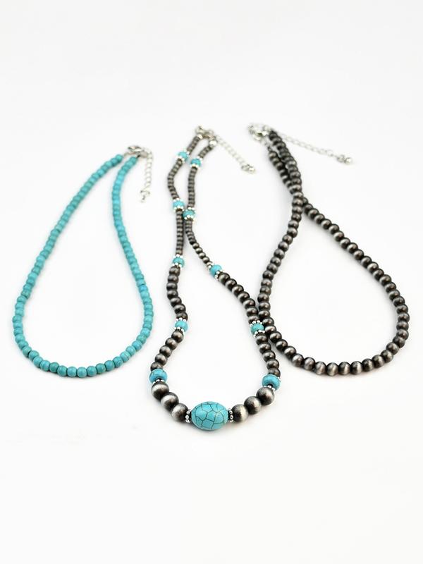 3pcs Vintage CCB Antique Lacquer Plated Beads Necklaces for Women, Synthetic Turquoise Jewelry Set, Elegant Western Style Modern Versatile Accessories