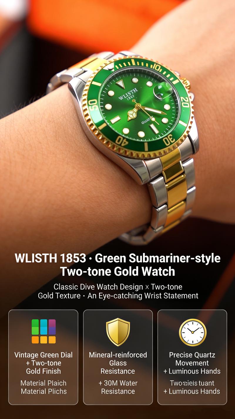 Men's Pro Diver Quartz Watch with Stainless Steel Strap - green Dial & Gold Accents - Durable & Stylish Timepiece Men's Pro Diver Quartz Watch with Stainless Steel Strap - green Dial & Gold Accents - Durable & Stylish Timepiece