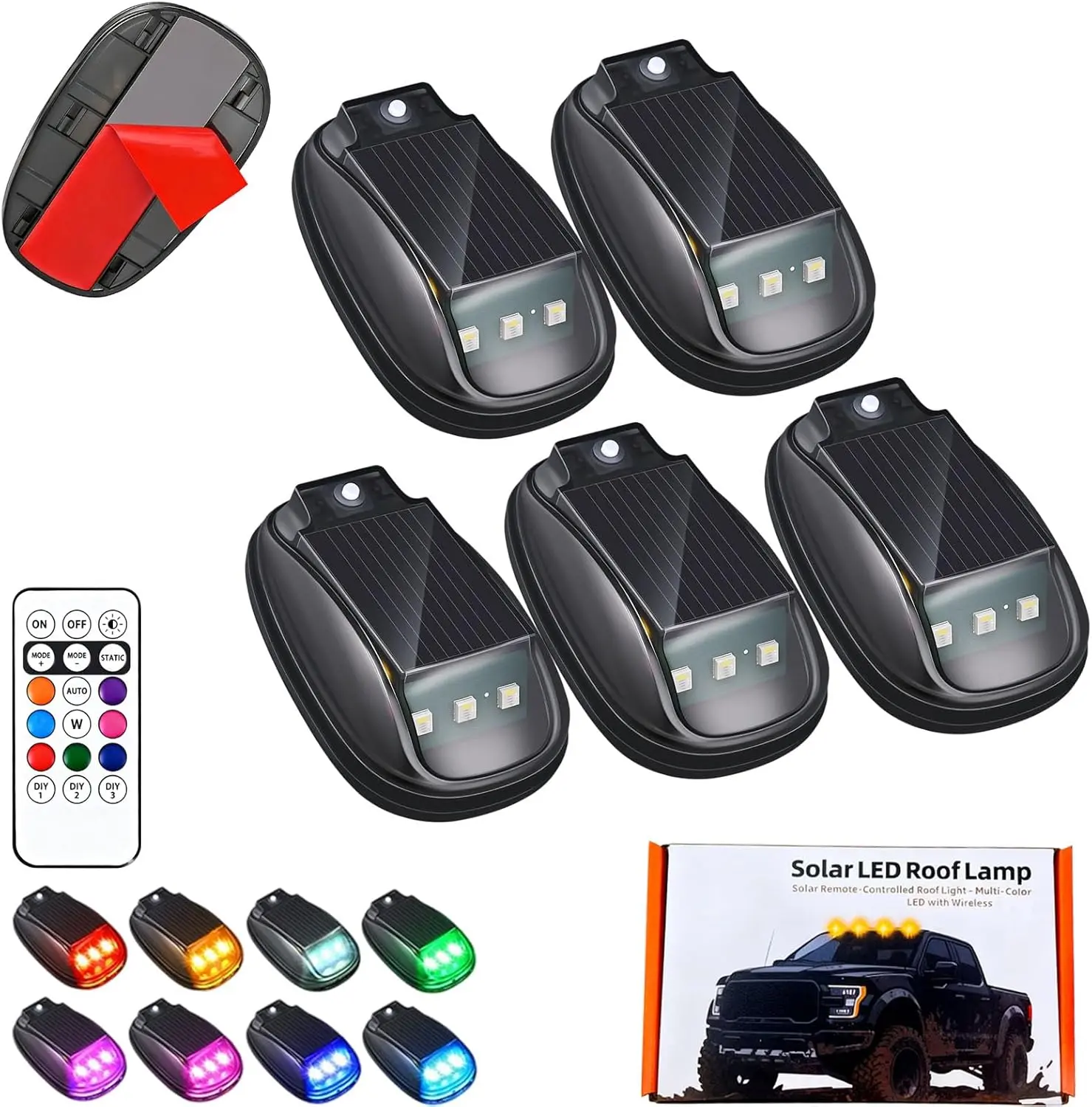 5Pcs Or 2Pcs Solar Cab Lights for Truck ,2026 New Solar Car LED Roof RGB Strobe Light , No Drill Solar Powered Cab Light , with Remote Control , Multi Color LED with Wireless Control, Waterproof, for Off-Road Trucks, SUVs RVs or Cars Rechargeable