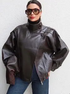 Woman's Faux Leather Jackets Black Long Sleeve Jackets Loose Asymmetric Button Pocket Windbreaker Coat For Women 2026 Spring New In Coats And Jackets Street Style Female Zipper Bomber Motorcycle Jacket Womenswear Outerwear