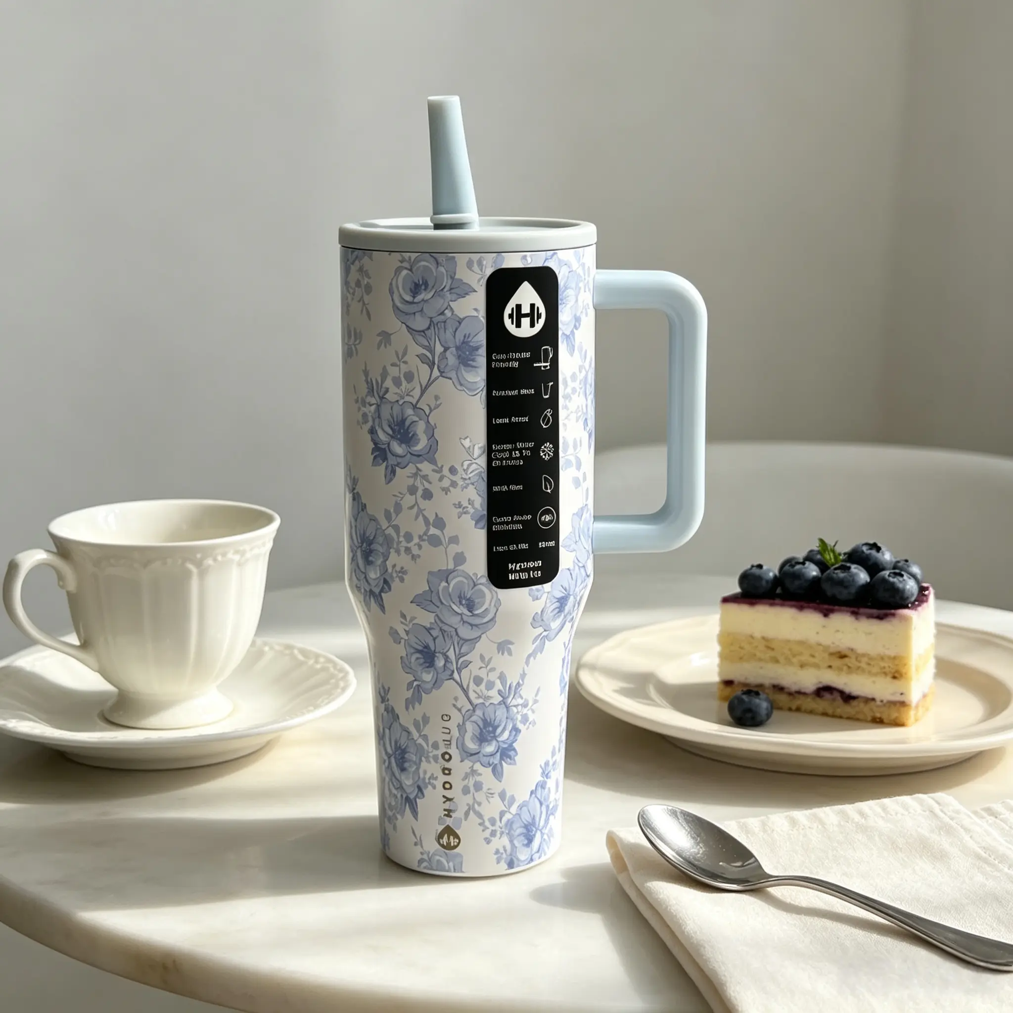 HydroJug 40oz Stainless Steel Tumbler - Vintage Blue Floral Print, With Handle, Leak-Proof Lid, 24-Hour Cold Retention, Car Cup Holder Friendly Insulated Travel Mug For Outdoor, Gym
