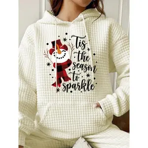 Women’s Trendy Fashion Hooded Sweatshirt, Snowman Print Long Sleeve Pullover, Fall & Winter Casual Top