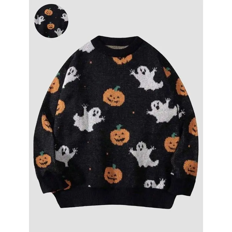 Men's Cartoon Pumpkin & Ghost Print Drop Shoulder Sweater, Regular Fit Casual?Halloween Themed Long Sleeve Round Neck Jumper for Fall & Winter, Fashion Men's Knitwear for Daily Wear Men's Cartoon Pumpkin & Ghost Print Drop Shoulder Sweater, Regular Fit Casual?Halloween Themed Long Sleeve Round Neck Jumper for Fall & Winter, Fashion Men's Knitwear for Daily Wear