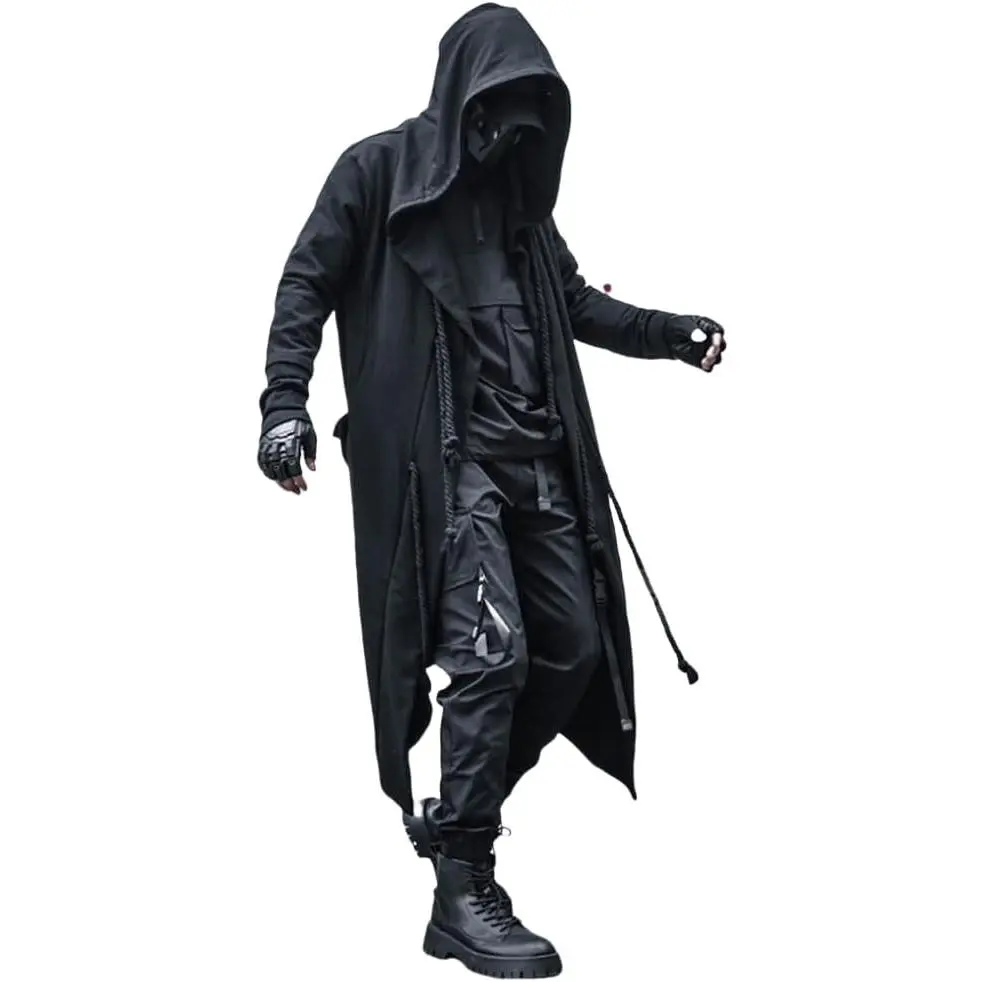Gothic Cloak Long Hoodie Men Black Wizard Hoodies Streetwear Cardigan Hoodie Techwear Male