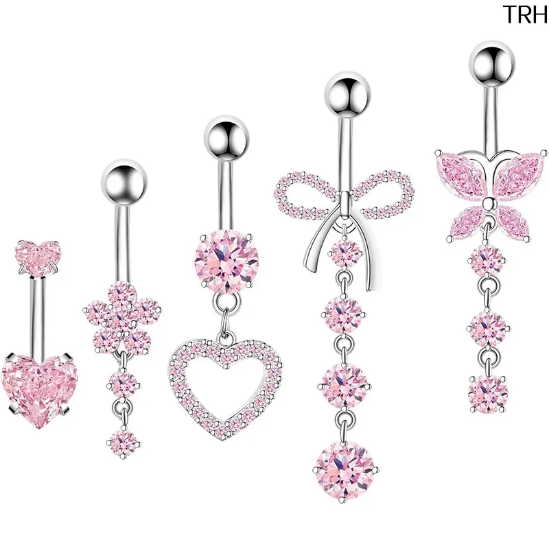 Women's 14G Hypoallergenic Stainless Steel Belly Button Ring Set - Sparkly Cubic Zirconia Dangle Navel Jewelry with Heart, Bow, Butterfly, Flower Charms for Summer Beach Party Gifting