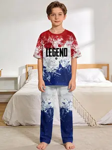 Red, White and Blue Splatter Legend Slogan 2-Piece Boys' Digital Print Short-Sleeve Pajamas with Long Pajama Pants, Flame-Retardant Fabric. A stylish, trendy, casual, comfortable and soft pajama set, suitable for sleeping and home leisure.