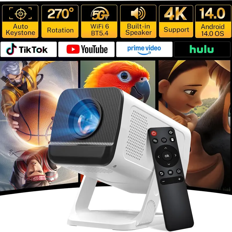 [2026 Upgraded] X1 Projector 300ANSI Android 14.0 Dual WiFi6 8K 4K Decode Auto Keystone Correction Wireless BT5.4 130"Screen 1280*720P Built-in Speaker  180° Rotatable Mini Portable Home Cinema Outdoor Audio Summervibes Gift, Portable Movie Projector, Vid