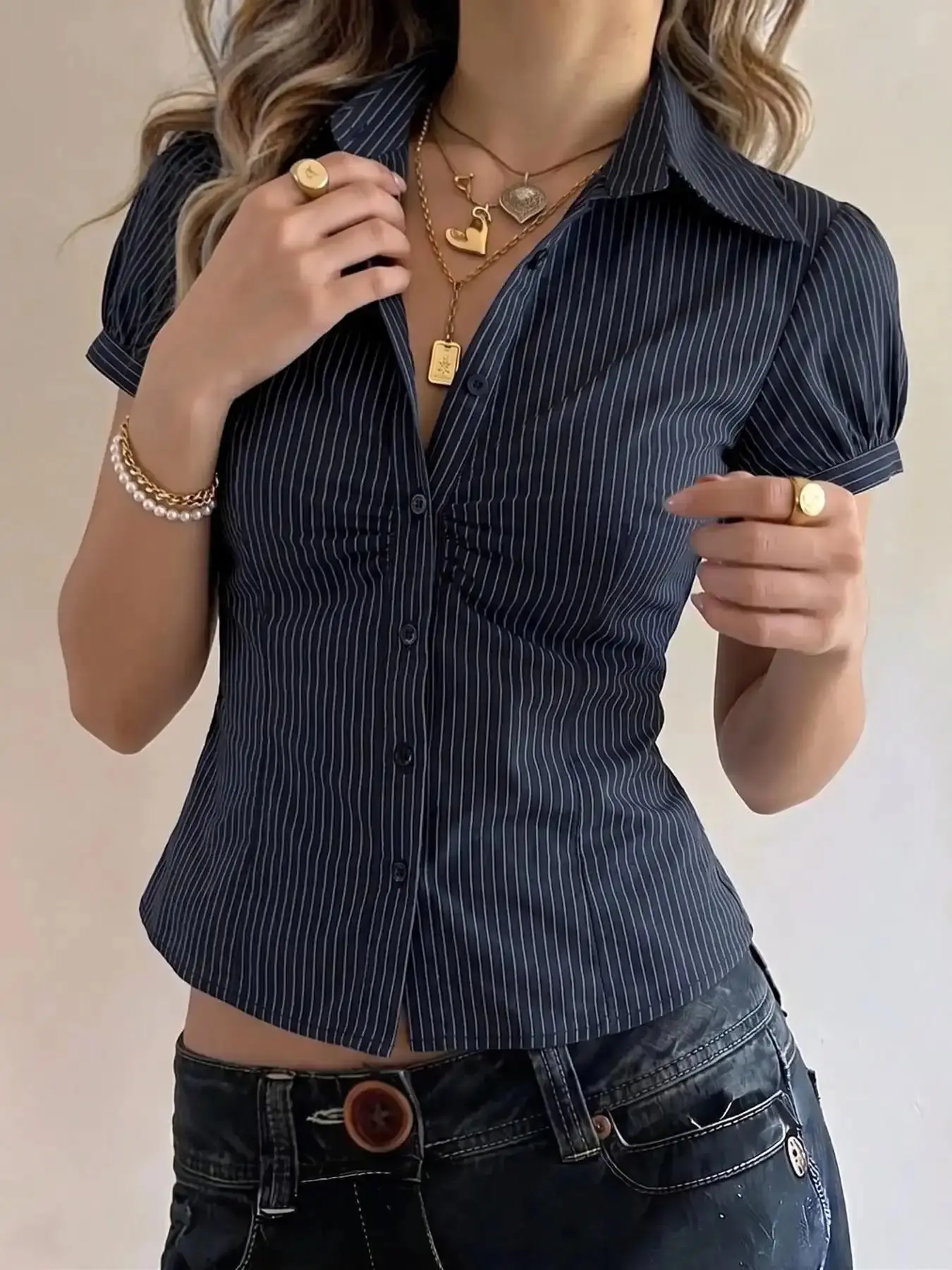 Versatile Striped Fitted Shirt - Casual Outfit, Wrinkle Resistant for Hangout & Date, Casual Chic Women's Navy Vertical Striped Lapel Bubble Short Sleeve Blouse, Y2K Millennial Style, American Retro College Look, All Season Top, Daily Wear