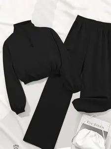High Neck Half-Zip Short Sleeve Crop Top + Casual Flowy Micro Flare Pants Sportswear Set, Simple Daily Wear, Versatile Sports