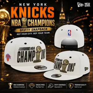 New Era New York Knicks NBA Champions White 9FIFTY Snapback Hat Trophy Embroidered Flat Brim Cap