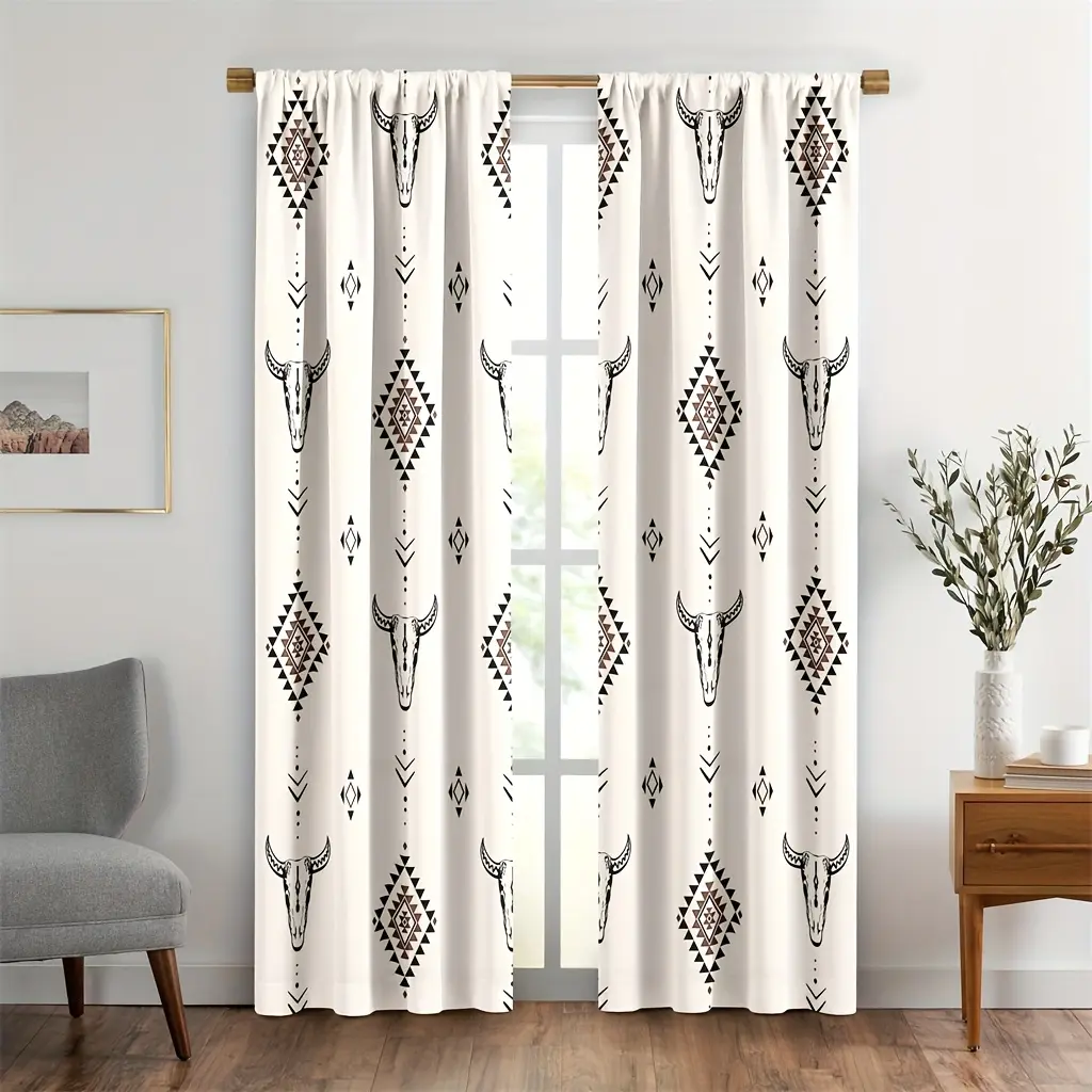2pcs Rustic Ethnic Aztec Bull Skull Cow Print Curtain Panels, Western Native Bohemian Pattern Home Decoration Drapes, Interior Decoration Accessories for Living Room, Bedroom