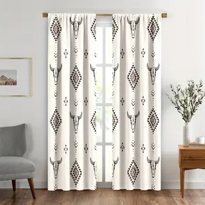 2pcs Rustic Ethnic Aztec Bull Skulls Cow Decorative Curtains, Western Tribe Native Bohemian Pattern Print Window Drape, for Living Room Bedroom