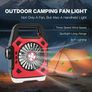 1200mAh Camping Fan with LED Lamp USB Rechargeable Tent Fan with Hanging Hook Portable Fan for Outdoor Tent Travel BBQ Fishing Red