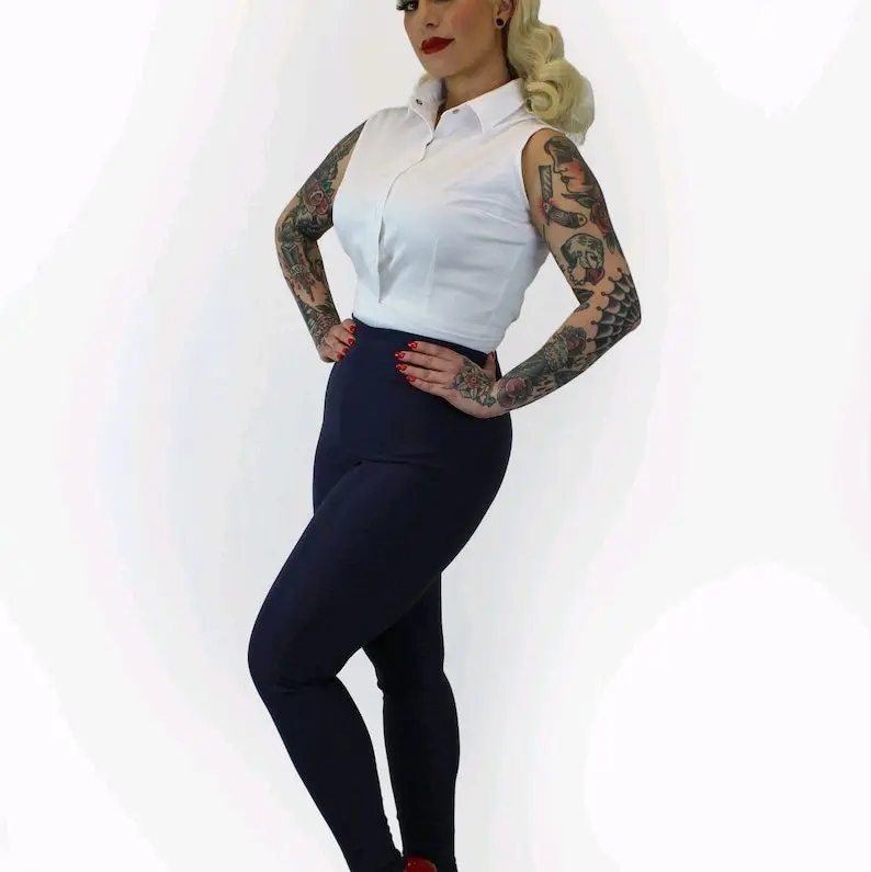 Pin Up Pants, Navy Pin Up High Waist Cigarette Pants